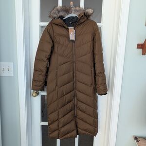 Eddie Bauer Dark Brown Puffer Coat with Faux Fur Hood